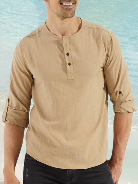 

Plain Cotton Rolled Up Sleeves Long Sleeve Shirt., Khaki, Long Sleeve Shirts