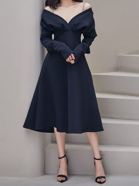 

Elegant Regular Fit Plain Dress & Party Dress, Black, Midi Dresses