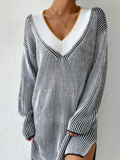 

Striped Contrast Trim Drop Shoulder Split Hem Dress, Black-white, Mini Dresses