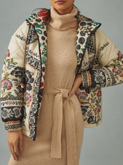 

Floral Elegant Loose Fleece Coat, Apricot, Others