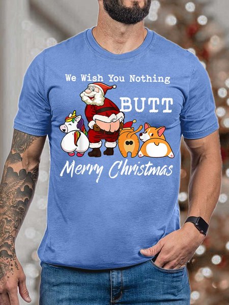 

Men’s We Wish You Nothing Butt Merry Christmas Crew Neck Fit Casual T-Shirt, Light blue, T-shirts