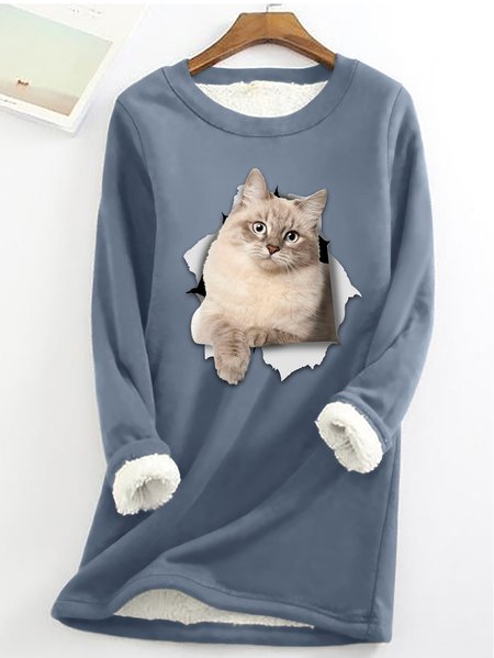 

Women Funny 3D Print Cat Simple Warmth Fleece Sweatshirt, Blue, Hoodies&Sweatshirts