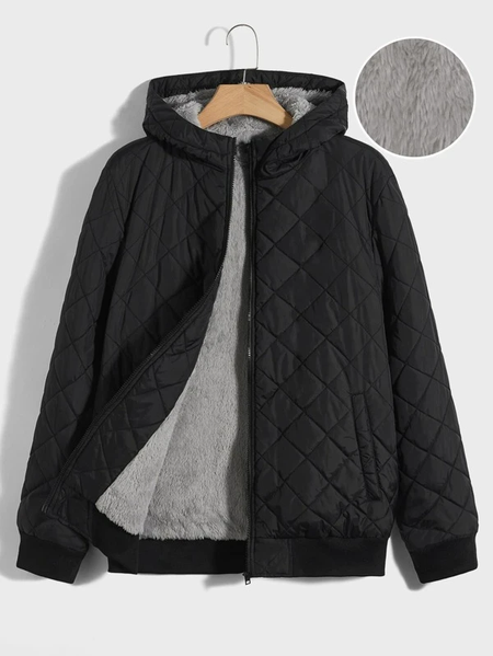 

Casual Plain Color Diamond Lattice Quilted Fleece Warm Jacket, Black, Coats