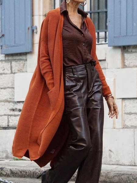 

Plain Loose Casual Long Sleeve Sweater Coat, Orange red, Cardigans
