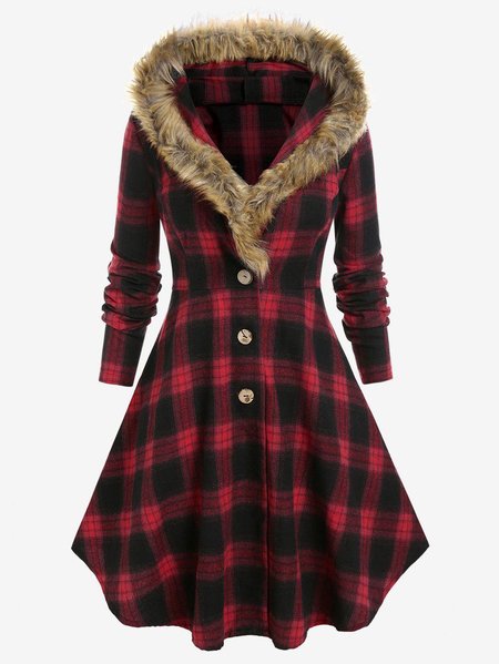 

Plaid Regular Fit Hoodie Casual Dress, Red, Coats