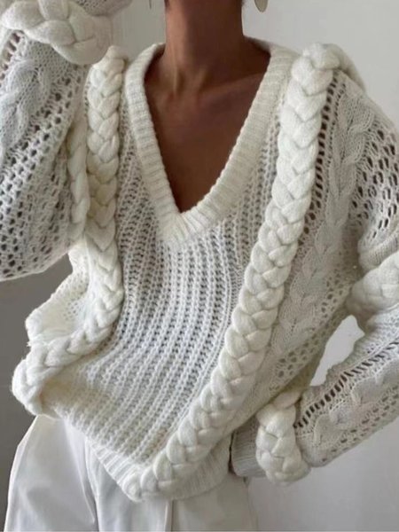 

Wool/Knitting Loose Casual Sweater, White, Sweaters