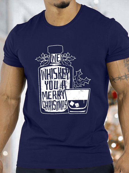 

Men's We Whiskey You A Merry Cheistmas Whisky Funny Graphic Print Crew Neck Cotton Casual T-Shirt, Purplish blue, T-shirts