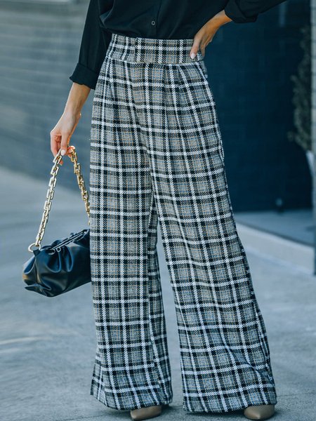 

Plaid Wide Leg Pants With Pockets, Gray, Pants