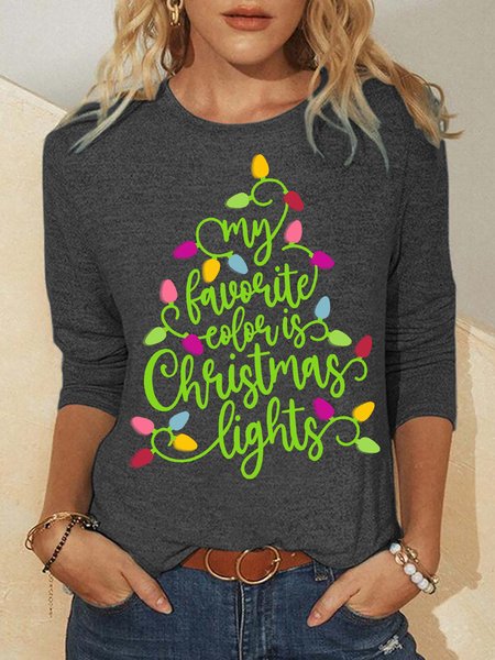 

Women's My Favorite Color Is Christma Lights Christmas Tree Funny Graphic Print Black Cat Crew Neck Cotton-Blend Casual Regular Fit Top, Gray, Long sleeves