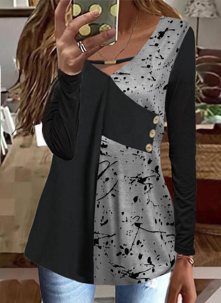 

V Neck Casual Autumn Spring Cotton-Blend T-Shirt, Black, Tunics