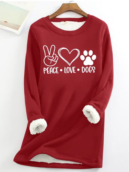 

Women Funny Peace Love Dogs Crew Neck Warmth Fleece Sweatshirt, Red, Hoodies&Sweatshirts