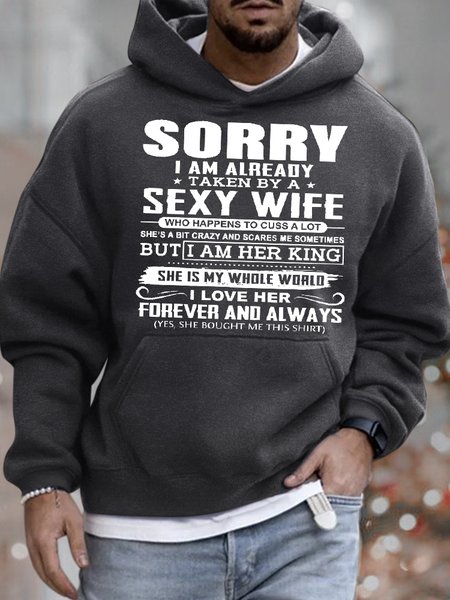 

Men's Sorry I Am Already Taken By A Sexy Wife Funny Graphic Print Text Letters Loose Casual Hoodie Sweatshirt, Deep gray, Hoodies&Sweatshirts