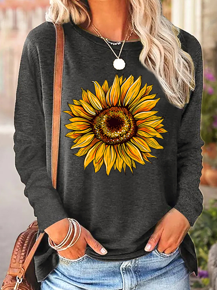 

Women Sunflower Crew Neck Simple Regular Fit Long Sleeve Top, Gray, Long sleeves