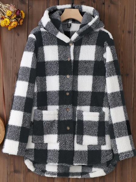 

Casual Plaid Fluff/Granular Fleece Fabric Loose Sweatshirt, Black, Coats