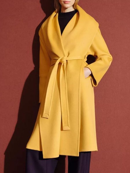 

Elegant Loose Simple Plain Shawl Collar Overcoat, Yellow, Coats