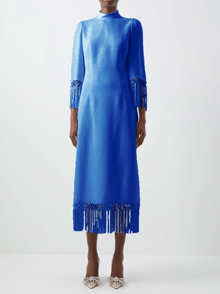 

Half Turtleneck Elegant Satin Plain Dress & Party Dress, Blue, Maxi Dresses