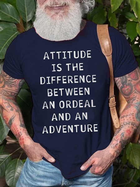 

Men's Attitude Is The Between An Ordeal And An Adventure Funny Graphic Print Loose Text Letters Cotton Casual T-Shirt, Purplish blue, T-shirts