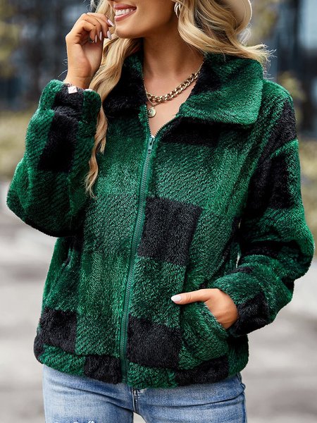 

Casual Shawl Collar Loose Plaid Teddy Zipper Jacket, Green, Outerwear