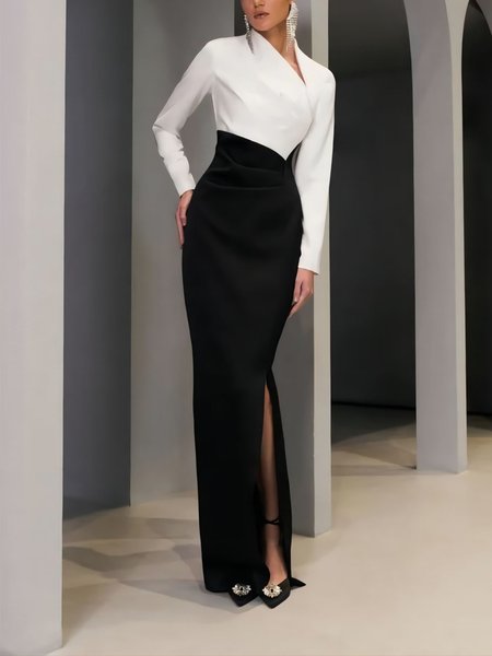

Long sleeve Elegant Others Tight Party Dress, Black-white, Maxi Dresses