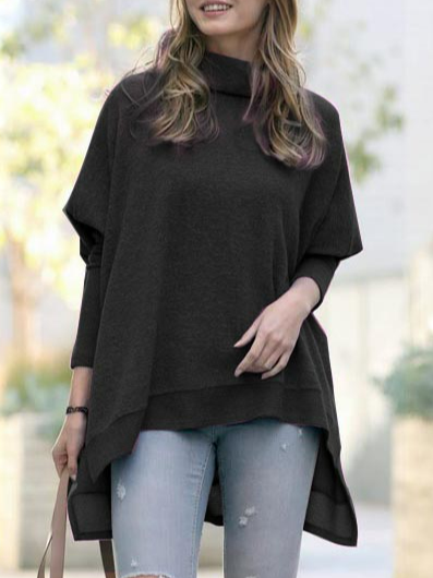 

Turtleneck Loose Casual Sweatshirt, Black, Clothing