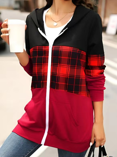 

Christmas Color Block Plaid Hooded Long Sleeves Hoodie, Red, Coats