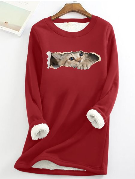 

Women Funny Cat Simple Warmth Fleece Sweatshirt, Red, Hoodies&Sweatshirts