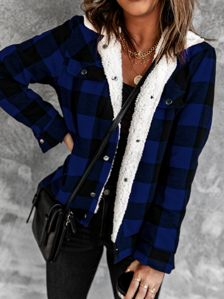 

Casual Regular Fit Plaid Shawl Collar Teddy Jacket, Blue, Outerwear