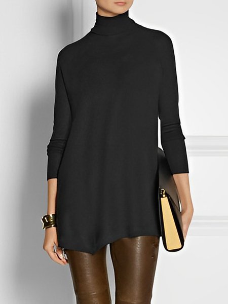 

Plain Daily Turtleneck Simple Loose Long Sleeve Top, Black, Tops