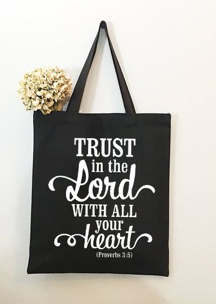 

Trust In The Lord With All Your Heart Text Letter Casual Shopping Tote Bag, Black, Bags
