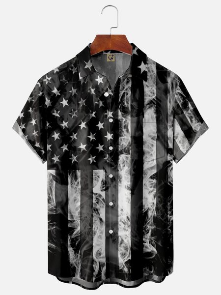 

American Flag Chest Pocket Short Sleeve Shirt, Black, Men Shirts