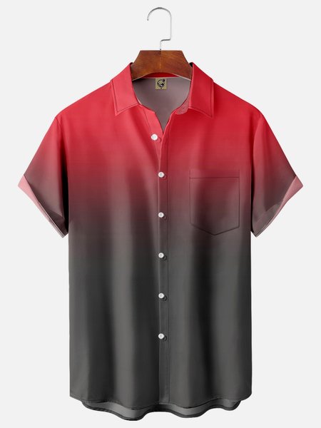

Gradient Color Chest Pocket Short Sleeve Casual Shirt, Red, Men Shirts