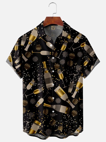 

New Year Chest Pocket Short Sleeve Shirt, Black, Men Shirts