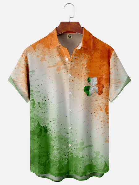 

St. Patrick's Day Chest Pocket Short Sleeve Shirt, Green, Men Shirts