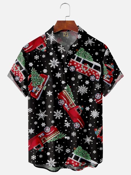 

Christmas Cars Chest Pocket Short Sleeve Casual Shirt, Black, Men Shirts