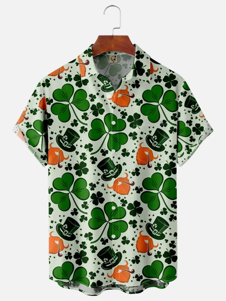 

St. Patrick's Day Chest Pocket Short Sleeve Casual Shirt, Green, Men Shirts