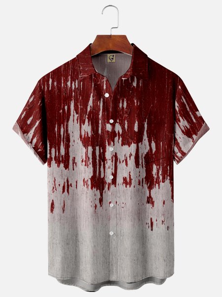 

Geometric Chest Pocket Short Sleeve Shirt, Red, Men Shirts