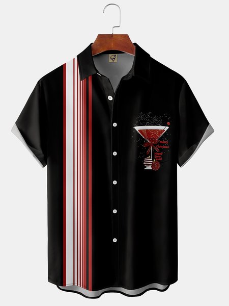 

New Year's Chest Pocket Short Sleeve Shirt, Black, Men Shirts