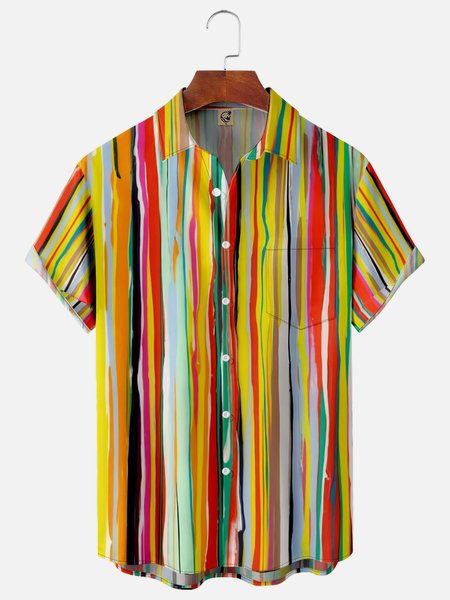 

Stripes Chest Pocket Short Sleeve Casual Shirt, Yellow, Men Shirts