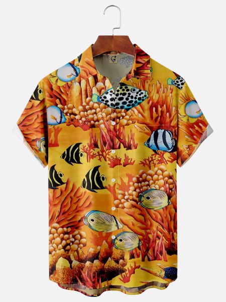 

Marine Wonderland Chest Pocket Short Sleeve Hawaiian Shirt, Yellow, Men Shirts