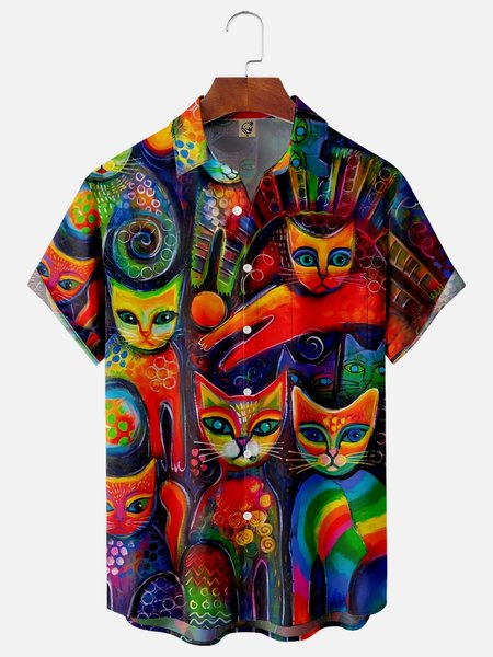 

Hippie Cats Chest Pocket Short Sleeve Casual Shirt, Red, Men Shirts