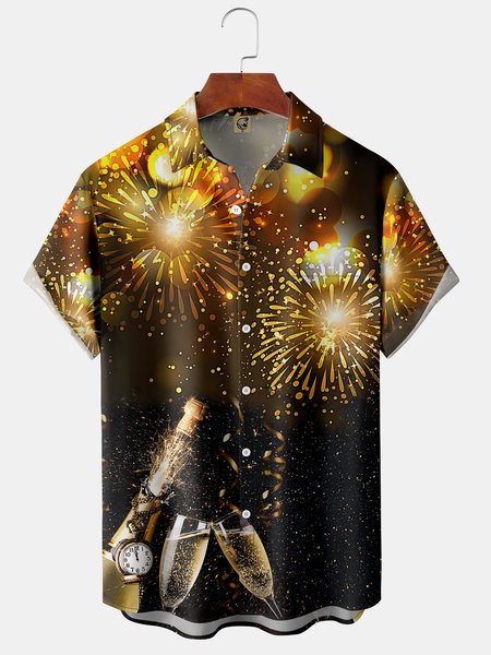 New Year Champagne Chest Pocket Short Sleeve Shirt, Black, Short Sleeve Shirts