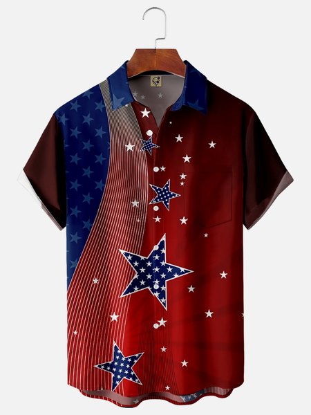 

American Flag Chest Pocket Short Sleeve Shirt, Red, Men Shirts
