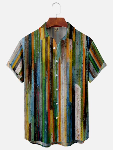 

Wooden Stripe Art Chest Pocket Short Sleeve Shirt, Green, Men Shirts