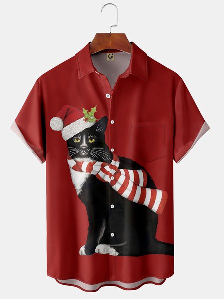 

Christmas Black Cat Chest Pocket Short Sleeve Shirt, Red, Men Shirts