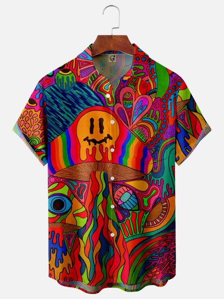 

Hippie Smile Mushroom Chest Pocket Short Sleeve Casual Shirt, Red, Men Shirts