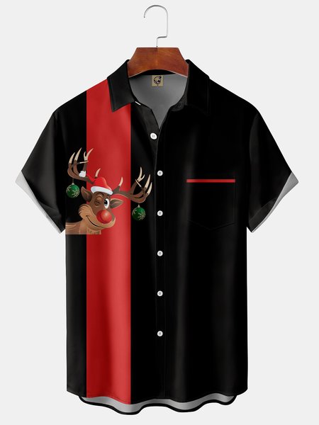 

Christmas Reindeer Chest Pocket Short Sleeve Shirt, Black, Men Shirts