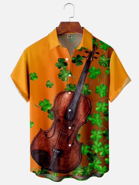 

St Patricks Day Clover Guitar Chest Pocket Short Sleeve Shirt, Orange, Men Shirts