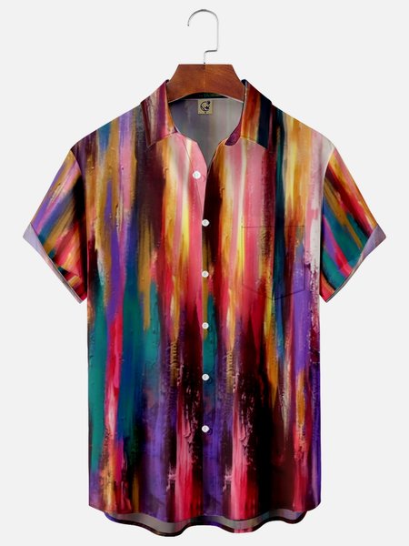

Gradient Color Chest Pocket Short Sleeve Casual Shirt, Red, Men Shirts