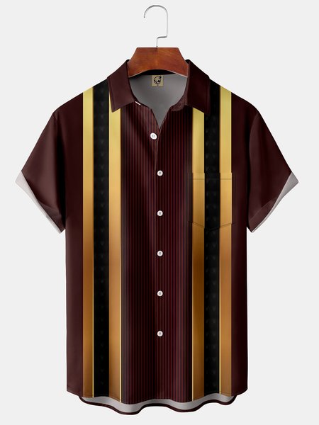 

Metallic Chest Pocket Short Sleeve Bowling Shirt, Wine red, Men Shirts