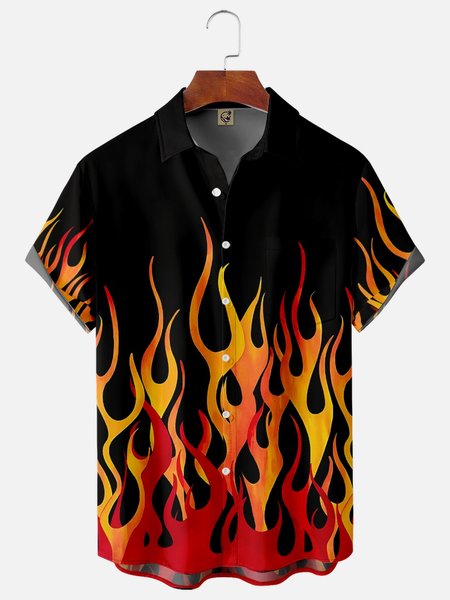 

Flame Pattern Chest Pocket Short Sleeve Shirt, Black, Men Shirts